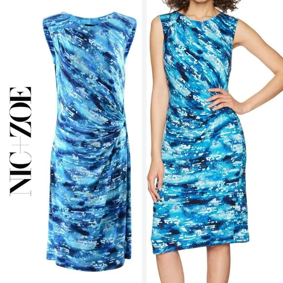 NIC+ZOE Dresses & Skirts - NIC+ZOE Blue Surf Spray Sleeveless Jewel Neck Sheath Dress, Faux Waist Knot, M